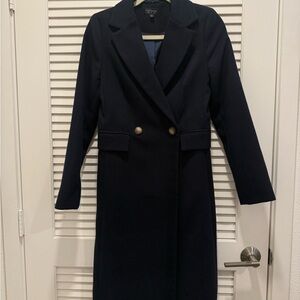 Women’s TOPSHOP Navy Long Coat w/ Detachable Faux Fur Collar (Size US 4)